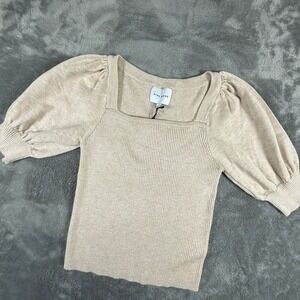 NWT PINK ROSE Heather Oatmeal Ribbed Square Neck Puff Sleeve Sweater Top Size S